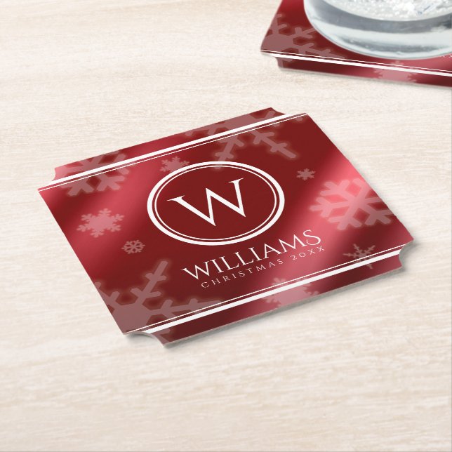 Festive Red Foil Snöflingor Monogram Namn Underlägg Papper (Vinklad)