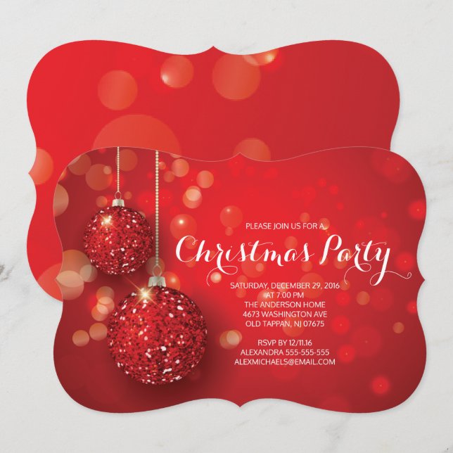 Festive Red Glitter Ornamet jul Party Inbjudningar (Fram/baksida)