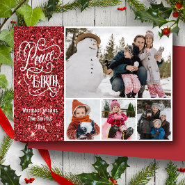 Festive Red Glitter Peace on Earth Photo jul Julkort