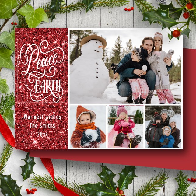 Festive Red Glitter Peace on Earth Photo jul Julkort (Skapare uppladdad)