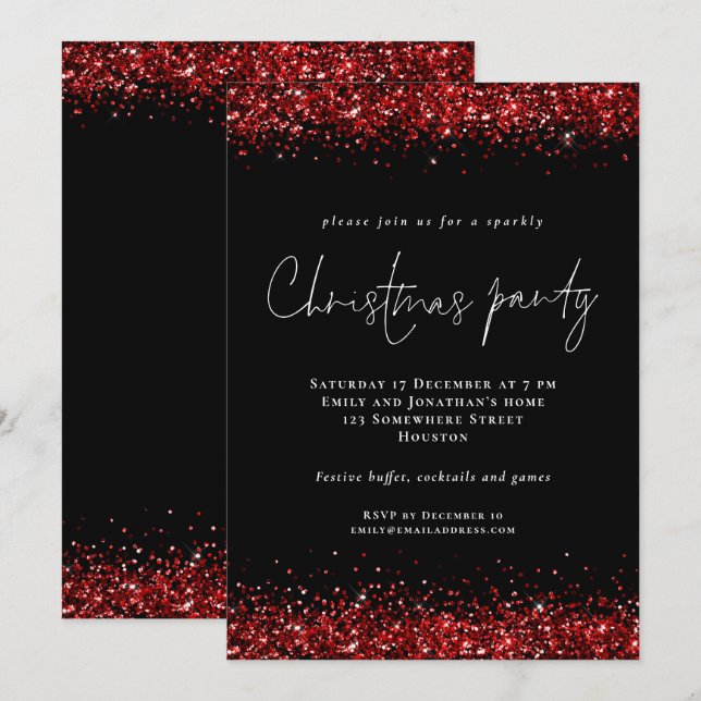 Festive Red Glitter-skript jul Party Black Inbjudningar (Fram/baksida)