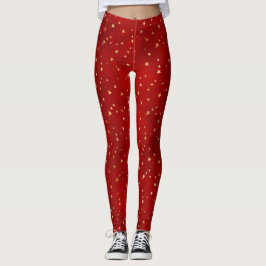 Festive Red & Gold Foil Winter-julstjärnor Leggings
