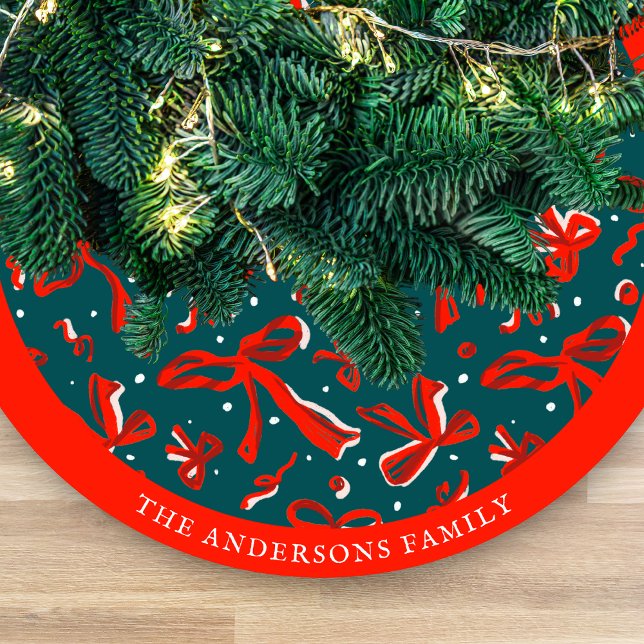 Festive Red & Green Hand Drawn Bows and Ribbons Julgransmatta Fleece (Skapare uppladdad)