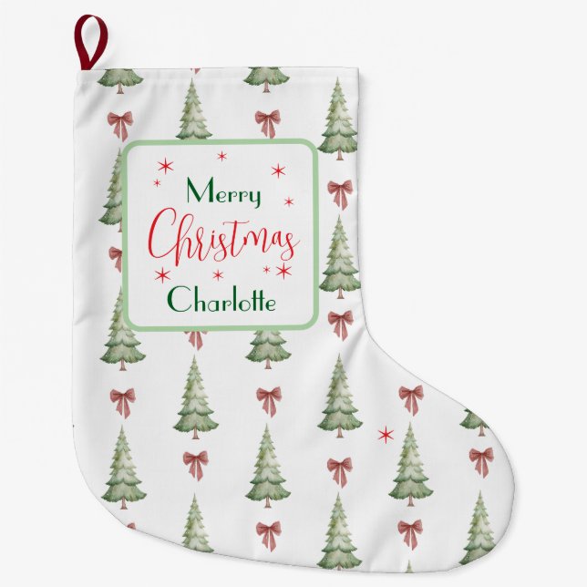 Festive Red Green Merry Christmas Name Stocking Stor Julstrumpa (Framsidan)