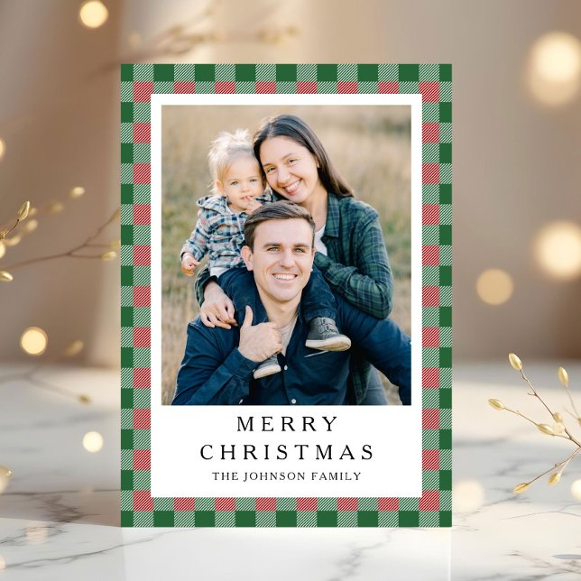 Festive red Green Plaid Photo Christmas Julkort (Festive red Green Plaid Photo Christmas Holiday Card)