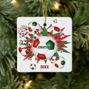 Festive Red grönt fotboll ball blowout-pojkar flic Julgransprydnad Keramik