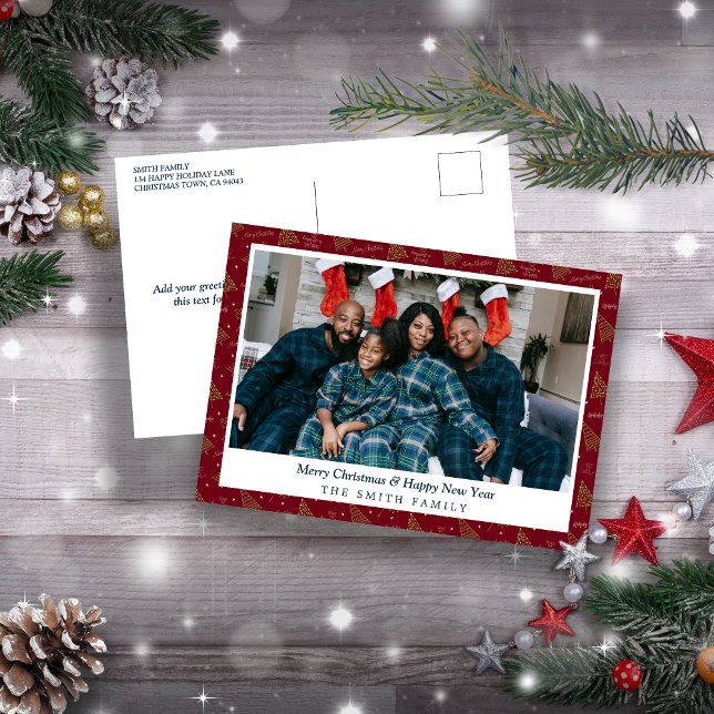 Festive Red & Grönt Julhälsningar med Photo Helg Vykort (Elegant Crimson Red Christmas Greetings with Photo Holiday Postcard)