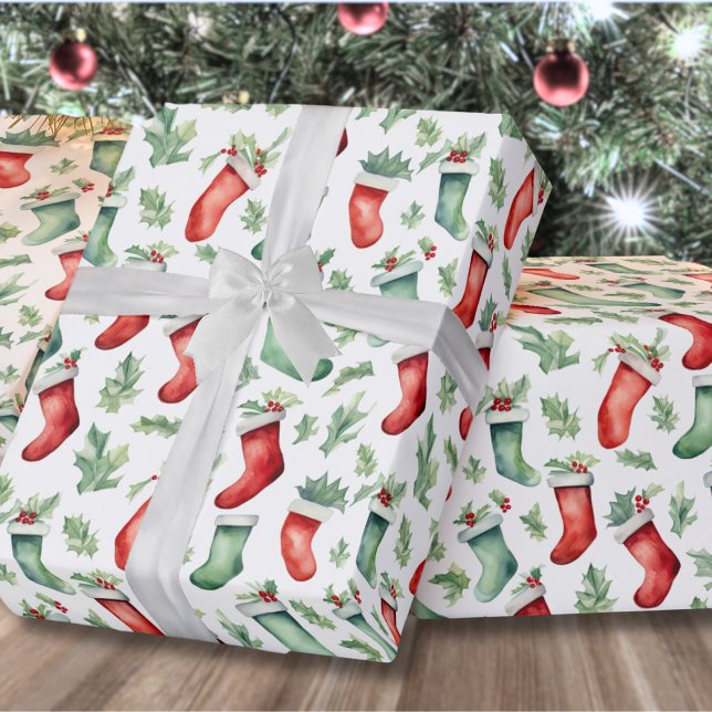 Festive Red Grönt Stockings jul Presentpapper (Traditional Festive Red Green Stockings Christmas Wrapping Paper)