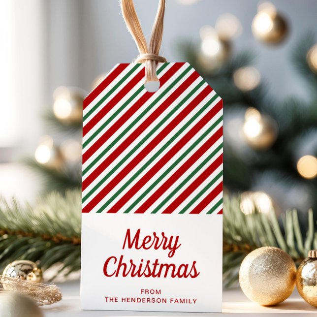 Festive Red Grönt Stripe-jul Presentetikett (Festive Red Green Striped Christmas Gift Tags)