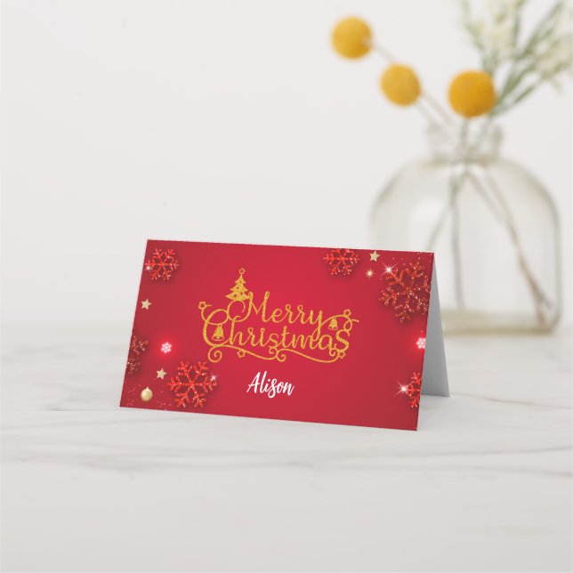 Festive Red & Guld Folded Place Card (anpassa) Placeringskort (Framsida)