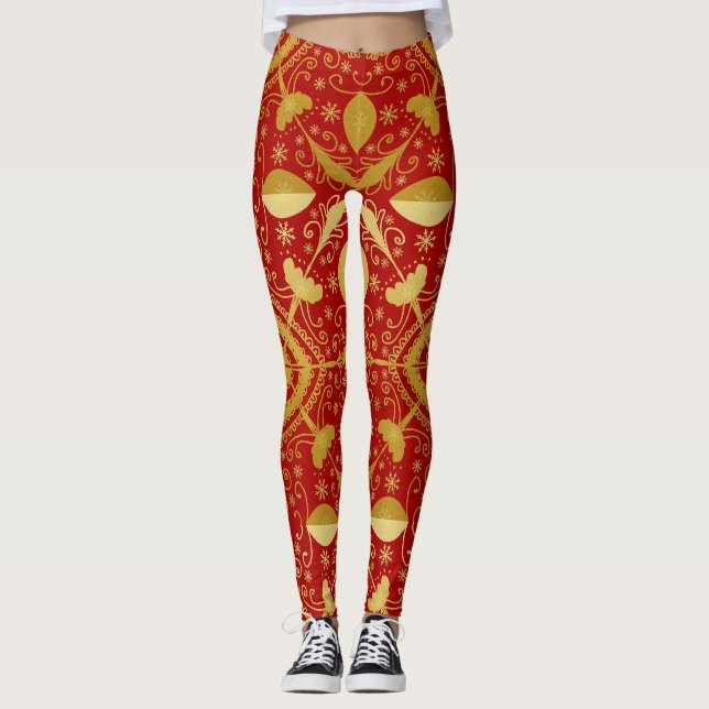 Festive Red & Guld jul Leggings (Framsida)