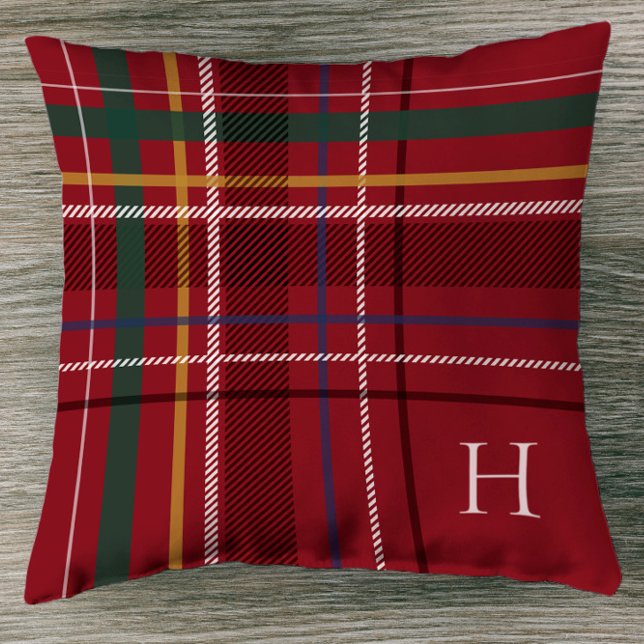 Festive Red helgdag plaid jul monogram decor Kudde (Skapare uppladdad)