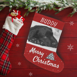 Festive Red Hund Pet Namn och Photo Stor Julstrumpa
