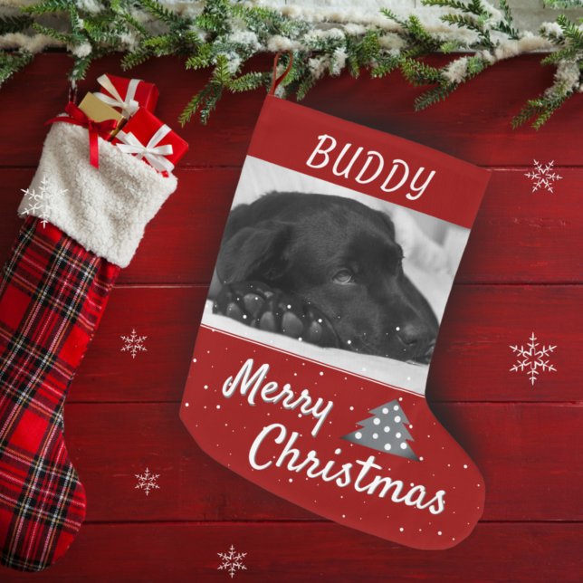 Festive Red Hund Pet Namn och Photo Stor Julstrumpa (Skapare uppladdad)