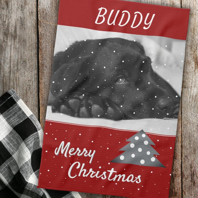 Festive Red Hund Pet Photo Träd God jul Kökshandduk (Skapare uppladdad)