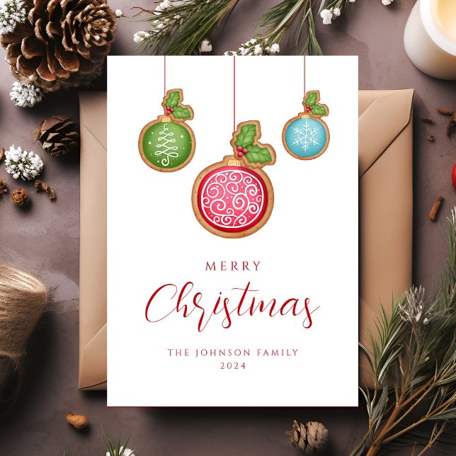 Festive Red Jul Baubles Julkort (Elegant Script Christmas Baubles Holiday Card)