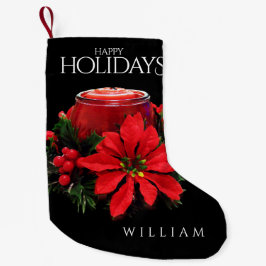 Festive Red jul Candle Holly Poinsettias Liten Julstrumpa