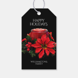 Festive Red jul Candle Holly Poinsettias Presentetikett