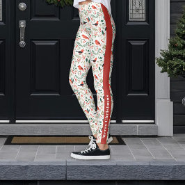 Festive Red jul Holly Berries Greenery Birds Leggings