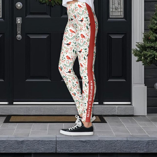 Festive Red jul Holly Berries Greenery Birds Leggings (Skapare uppladdad)