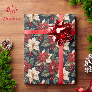 Festive Red Jul Poinsettia Knitten Blommigt Presentpapper