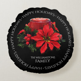 Festive Red-julljus, Holly och Poinsettia Rund Kudde