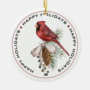 Festive Red Kardinal med Gräs Cone Glad helg Julgransprydnad Keramik