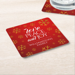 Festive Red Kärlek, Peace and Joy with Snöflingor Underlägg Papper Kvadrat