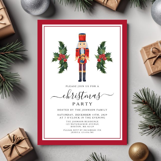 Festive Red Nutcracker-jul Party Inbjudningar (Festive Red Nutcracker Christmas Party Invitation)