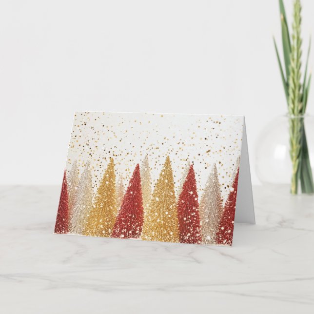 Festive Red och Silver Träd med Snöflingor Kort (Framsida)