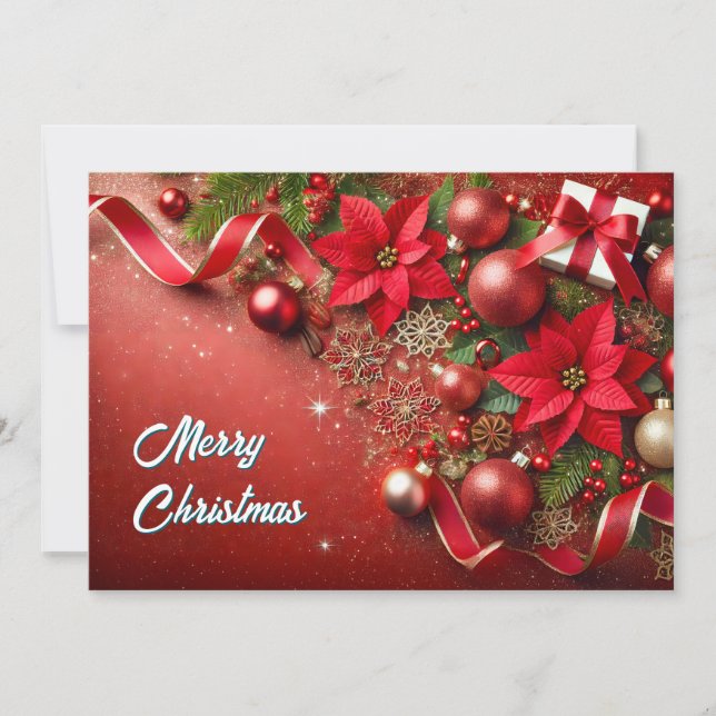  Festive Red Ornaments with Glitter Snowflakes Julkort (Framsida)