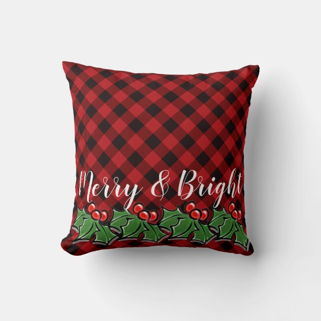 Festive Red plaid holly lövs bär Kudde (Framsida)