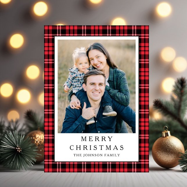 Festive Red Plaid Photo Christmas Julkort (Festive Red Plaid Photo Christmas Holiday Card)