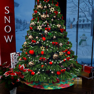 Festive Red Poinsettia Blommönster Julgransmatta Borstad Polyester