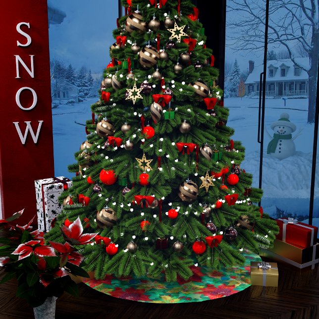 Festive Red Poinsettia Blommönster Julgransmatta Borstad Polyester (Skapare uppladdad)