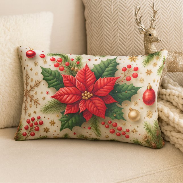 Festive Red Poinsettia Christmas  Lumbarkudde (Skapare uppladdad)