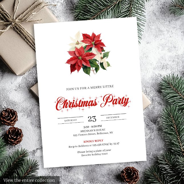 Festive Red Poinsettia Floral Script Font Xmas Inbjudningar (Festive Red Poinsettia Floral Script Font Christmas Invitation)