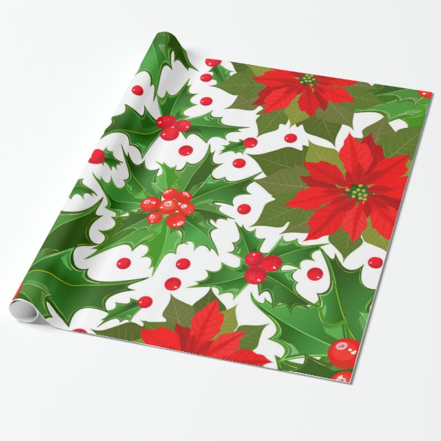 Festive Red Poinsettia Flower & jul Holly Presentpapper (Utrullad)