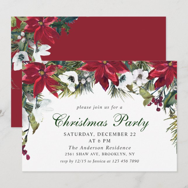 Festive Red Poinsettia Helgdag jul Party Inbjudningar (Fram/baksida)