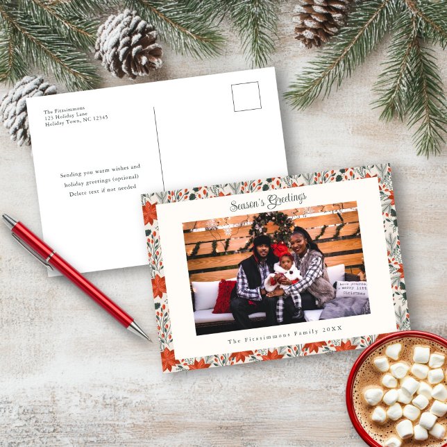 Festive Red Poinsettia Helgdag Photo Postcard Helg Vykort (Poinsettia Season Photo Christmas Postcard white)