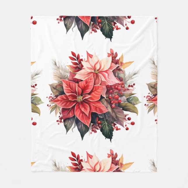 Festive Red Poinsettia jul Flowers Fleecefilt (Framsidan)