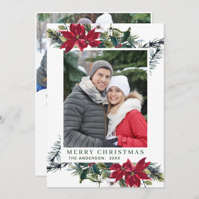 Festive Red Poinsettia jul Hälsning 2 PHOTO Julkort (Fram/baksida)