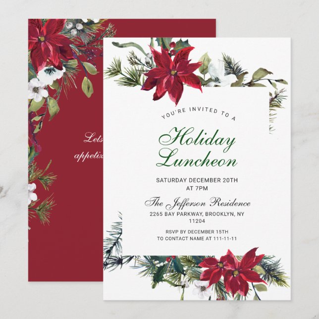 Festive Red Poinsettia Jul Helgdag Luncheon Inbjudningar (Fram/baksida)
