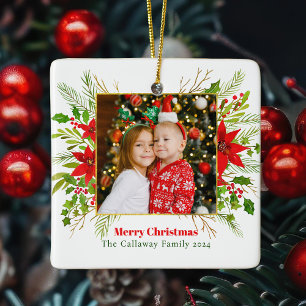Festive Red Poinsettia jul Kids Photo Julgransprydnad Keramik