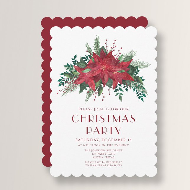 Festive Red Poinsettia jul Party Inbjudningar (Festive Red Poinsettia Christmas Party Invitation)