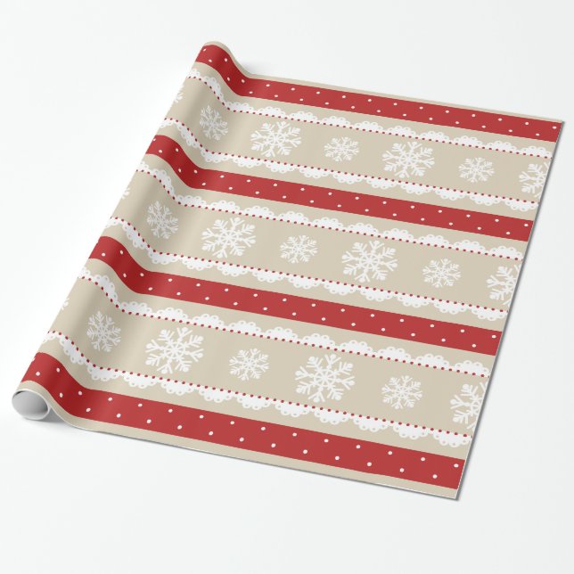 Festive Red Polka dots White Snöflingor Mönster Presentpapper (Utrullad)