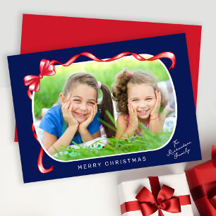 Festive Red Ribbon and Bow Curved Photo Jul Julkort