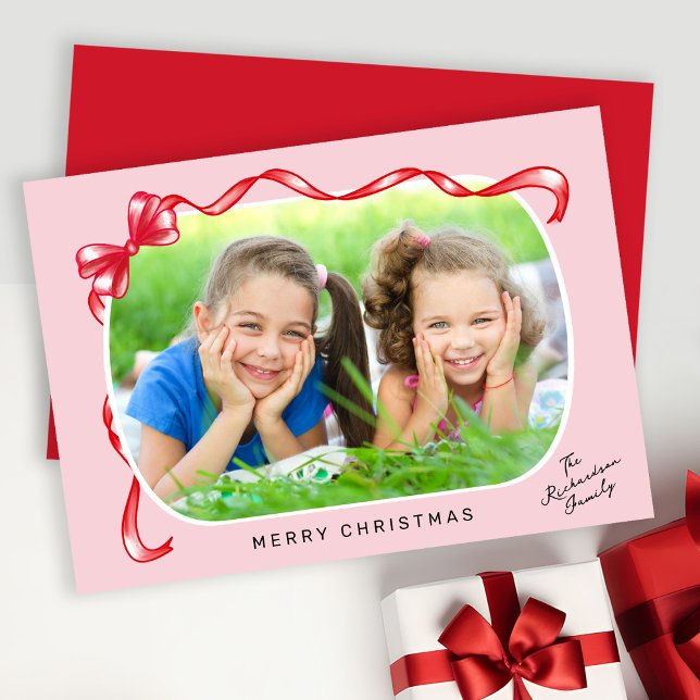 Festive Red Ribbon and Bow Curved Photo Jul Julkort (Skapare uppladdad)