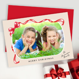 Festive Red Ribbon and Bow Curved Photo Jul Julkort