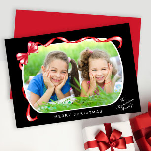 Festive Red Ribbon and Bow Curved Photo Jul Julkort